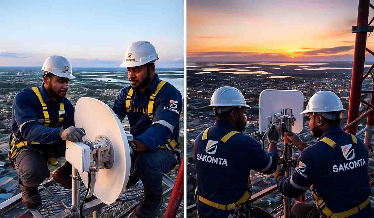 Team installing PTP wireless link between Semangga and Geten